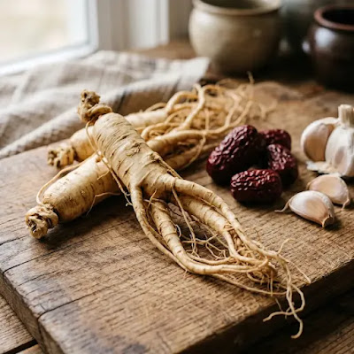 Korean ginseng root, jujube, and garlic — key samgyetang ingredients for fatigue and immunity