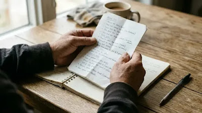 "Middle-aged man's hands holding a handwritten list of medications and supplements on a wooden table, preparing for a doctor's appointment"