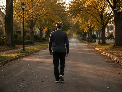 A middle-aged man walking alone on a quiet morning street, representing the honest non-medication path to weight loss