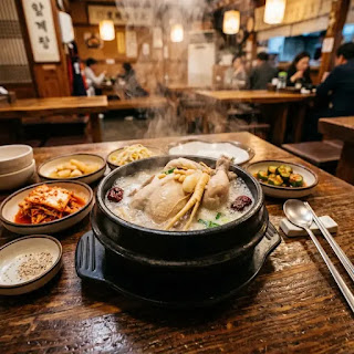 Samgyetang health benefits — Korean ginseng chicken soup in a stone pot with whole chicken, ginseng root, and jujube