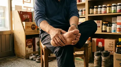 Middle-aged man gently massaging his own foot inside a small health supplement shop, showing daily diabetic foot care routine