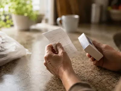 Hands holding a pharmacy receipt and medication box, representing the monthly cost burden of Wegovy for uninsured patients