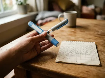 A hand with a GLP-1 injection pen beside a marked calendar,  representing the months leading up to a Wegovy weight loss plateau