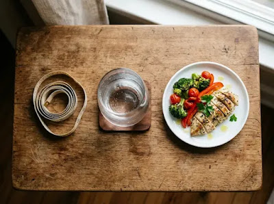 A measuring tape, water glass, and small plate on a wooden table,  representing the three hidden causes of a Wegovy plateau