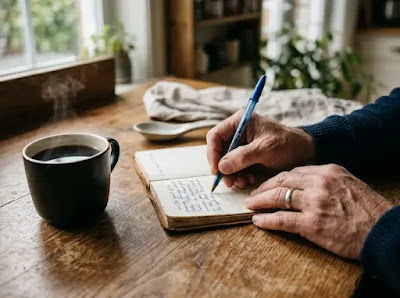 A middle-aged man's hand writing in a notebook beside coffee,  representing tracking and adjustment strategies for breaking a  Wegovy plateau