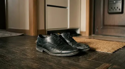 Worn black leather dress shoes by Korean apartment entrance, symbolizing thirty years of corporate life and neglected foot health