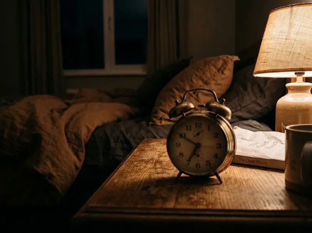 An analog clock on a wooden nightstand in a dim bedroom with soft amber light, representing the quiet hours after waking.