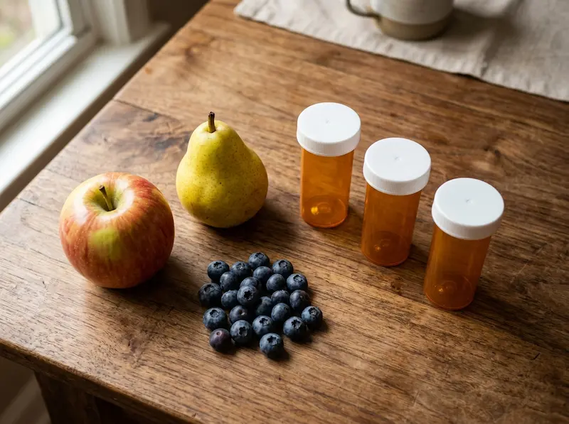 hree unlabeled prescription bottles beside an apple, pear, and blueberries on a wooden table, representing safer blood pressure options.