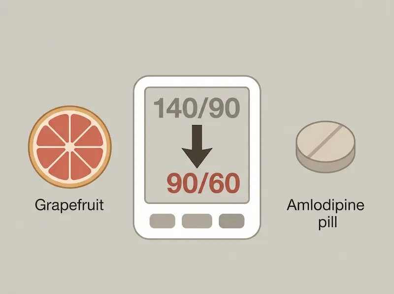 An educational infographic showing how amlodipine and grapefruit together cause blood pressure to drop from normal to dangerously low levels.