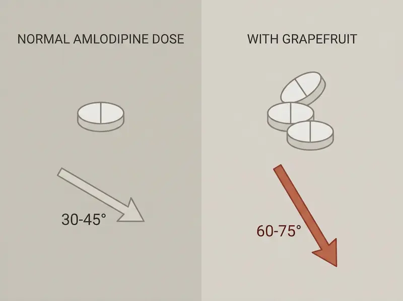 A diagram comparing normal amlodipine blood concentration to the tripled concentration caused by grapefruit blocking the CYP3A4 enzyme.