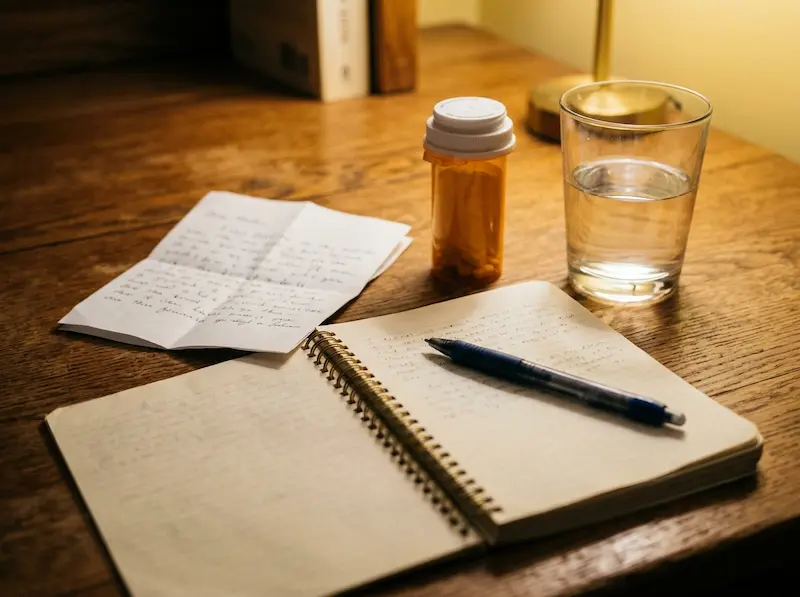 A notebook, pen, prescription bottle, and water glass on a wooden desk, representing a list of questions to ask your doctor about amlodipine.