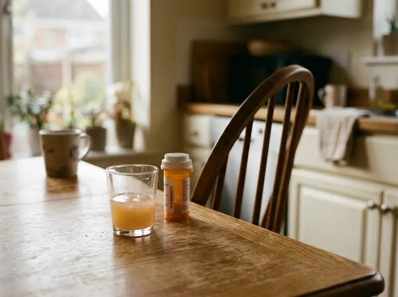 An empty kitchen chair beside a table with grapefruit juice and a medication bottle, representing morning dizziness from amlodipine and grapefruit.