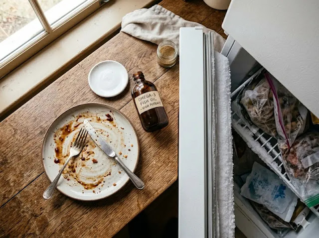 A fish oil bottle near an open freezer and a finished dinner plate, representing the three practical fixes for fish oil burps.
