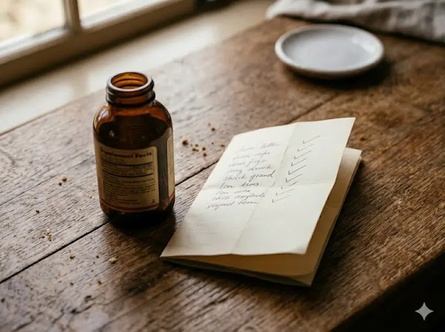 A small amber fish oil bottle and handwritten checklist on a wooden table, representing how to read a quality fish oil label.