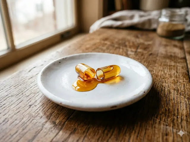 A fish oil capsule cut open on a ceramic dish, representing the simple home test for rancidity and oil quality.
