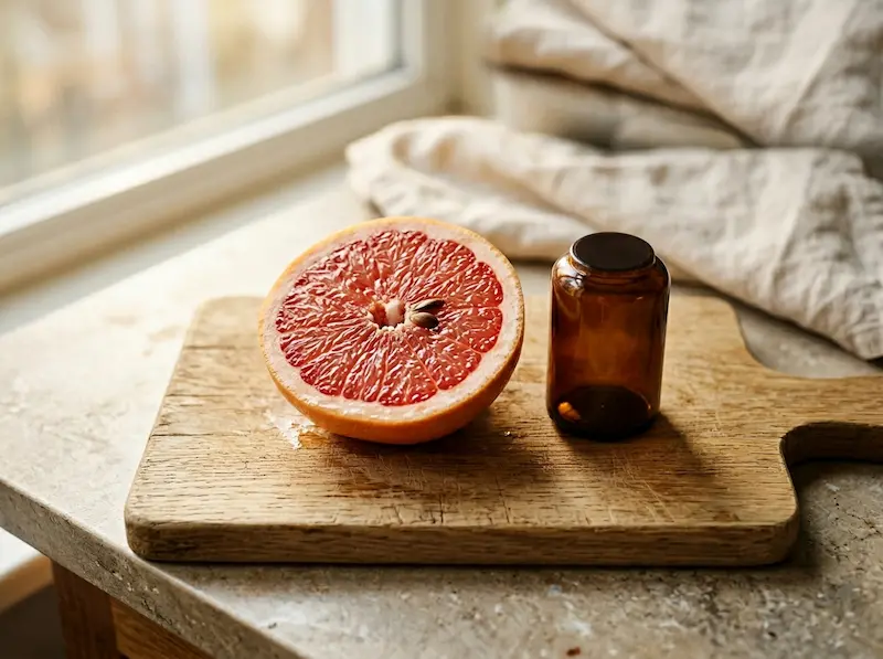 A half grapefruit on a wooden cutting board beside an amber medication bottle in morning light, representing the daily statin and grapefruit risk.