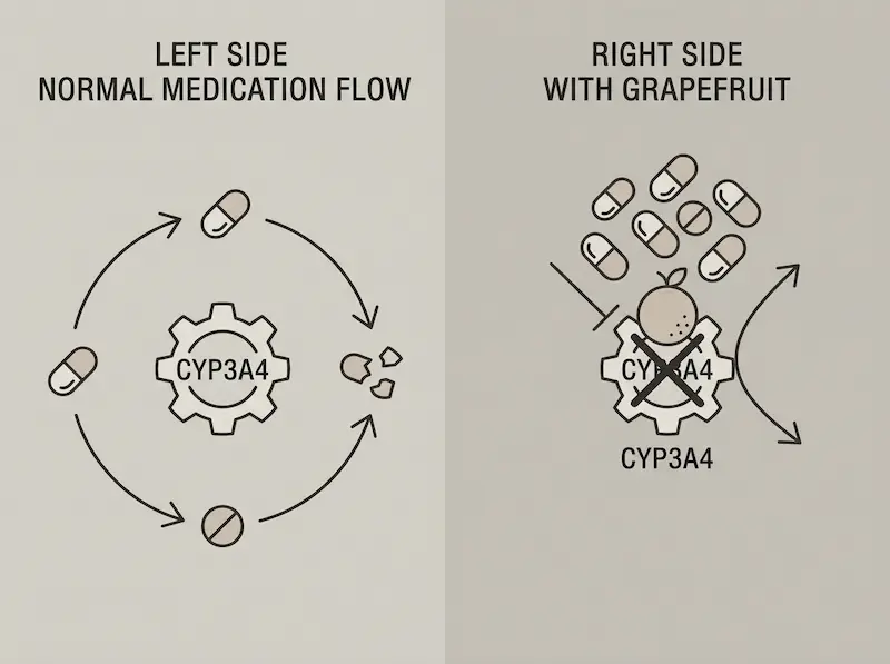 An educational diagram comparing normal medication metabolism to the blocked CYP3A4 enzyme pathway caused by grapefruit furanocoumarins.