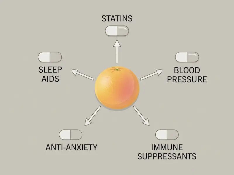 An educational infographic showing how grapefruit and medications interact across five major drug categories including statins and blood pressure drugs.