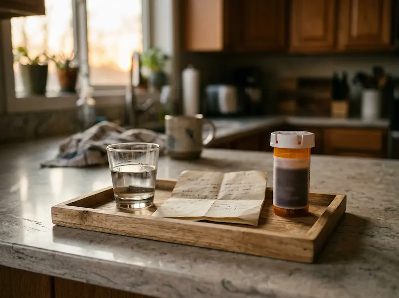 A prescription bottle, glass of water, and handwritten note on a wooden tray, representing a checklist of questions to ask your pharmacist.