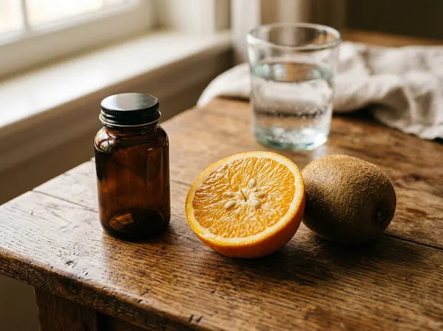 A small supplement bottle next to sliced orange and kiwi on a wooden table, representing vitamin C boosting iron absorption.