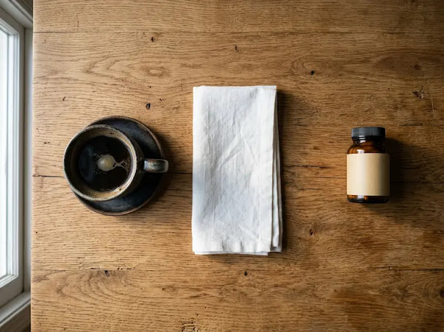 A coffee cup and supplement bottle placed apart on a wooden table, representing the timing gap needed to protect iron absorption.