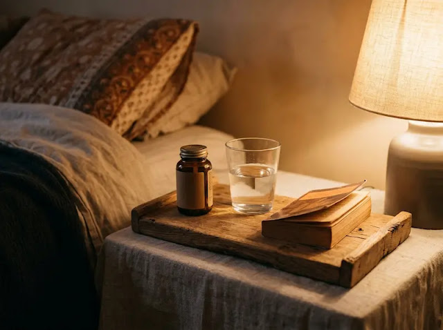 A supplement bottle, glass of water, and book on a wooden bedside tray in soft evening light, representing a calm nightly routine.