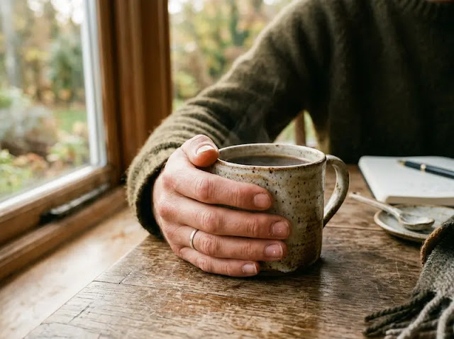 A hand holding a warm ceramic mug at a wooden table in morning light, representing a calmer nervous system response.