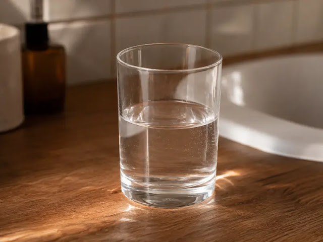 "A glass of water on a bathroom counter in morning light, representing the osmotic effect of magnesium citrate on the gut."