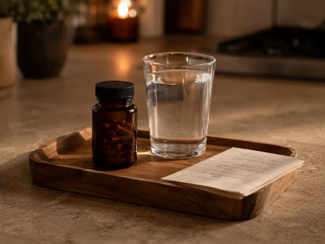 "A supplement bottle, water glass, and handwritten note on a wooden tray, representing a simple evening magnesium routine."