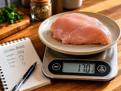 "A kitchen scale weighing chicken breast next to a handwritten notebook, illustrating protein tracking for men over 40."