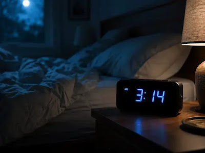 "A digital clock showing 3:14 AM beside an unmade bed, representing the broken sleep that quietly drives weight gain."