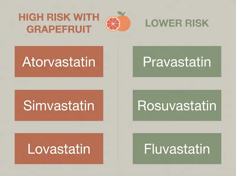 An educational infographic comparing statins and grapefruit risk levels across six common cholesterol medications including atorvastatin and rosuvastatin.
