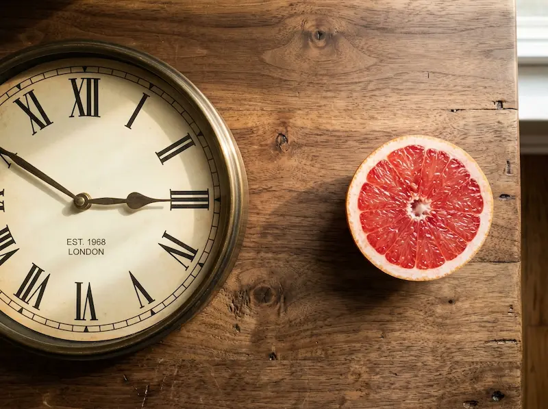 A wall clock beside a half grapefruit on a wooden table, representing the 72-hour waiting period between grapefruit and statins.