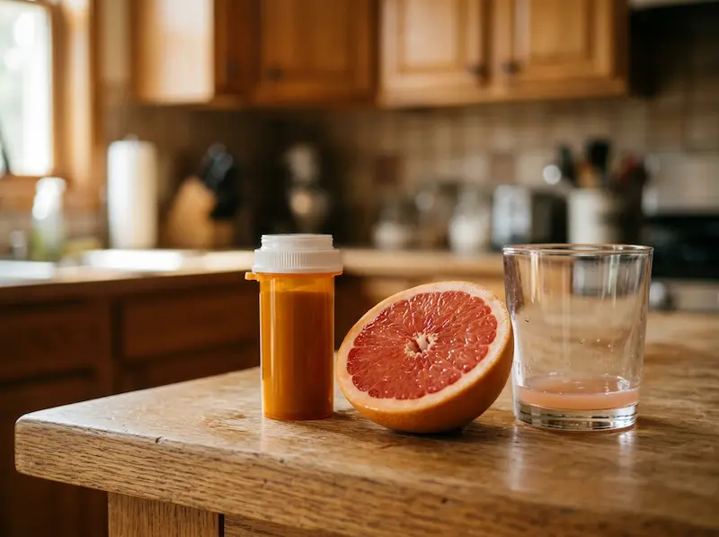 A statin medication bottle beside a half grapefruit and juice glass on a wooden counter, representing a common dangerous breakfast combination.