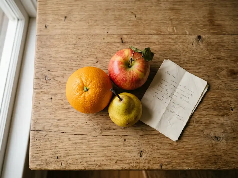 An orange, apple, and pear arranged on a wooden table with a handwritten note, representing safe fruit alternatives for statin users.