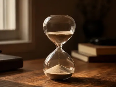 "An hourglass on a wooden desk in soft light, illustrating the slow yearly decline of testosterone in men after 40."