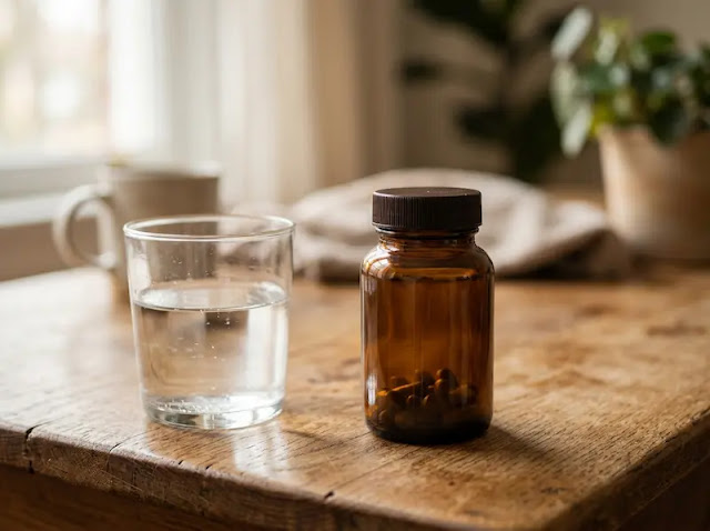 A small amber supplement bottle and a glass of water on a wooden table, representing vitamin D taken alone without K2.