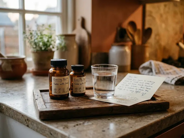 Two amber supplement bottles, a glass of water, and a handwritten note on a wooden tray, representing a daily D3 and K2 routine.