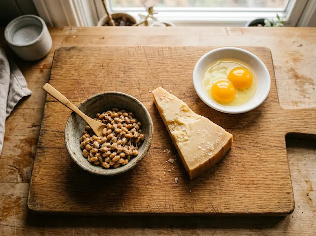 Natto, aged cheese, and egg yolks arranged on a wooden cutting board, representing natural food sources of vitamin K2.