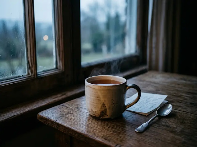 A steaming mug of tea on a wooden table near a window in pre-dawn light, representing a calm response to early waking.