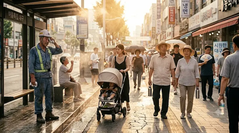 Diverse people of all ages navigating a hot summer street illustrating heat exhaustion and heat stroke risks