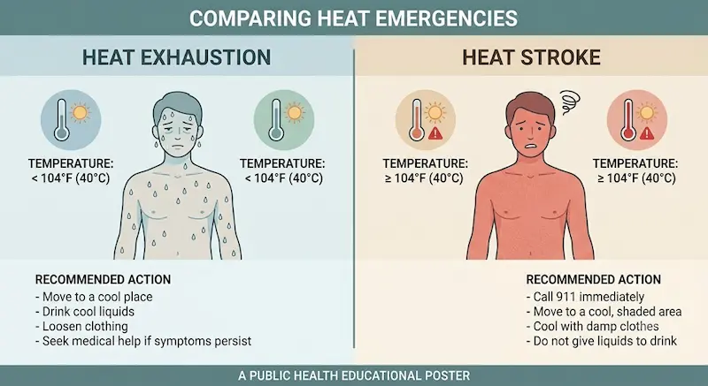 How to Tell Heat Exhaustion from Heat Stroke Comparison chart showing how to tell heat exhaustion from heat stroke by skin condition mental state and body temperature