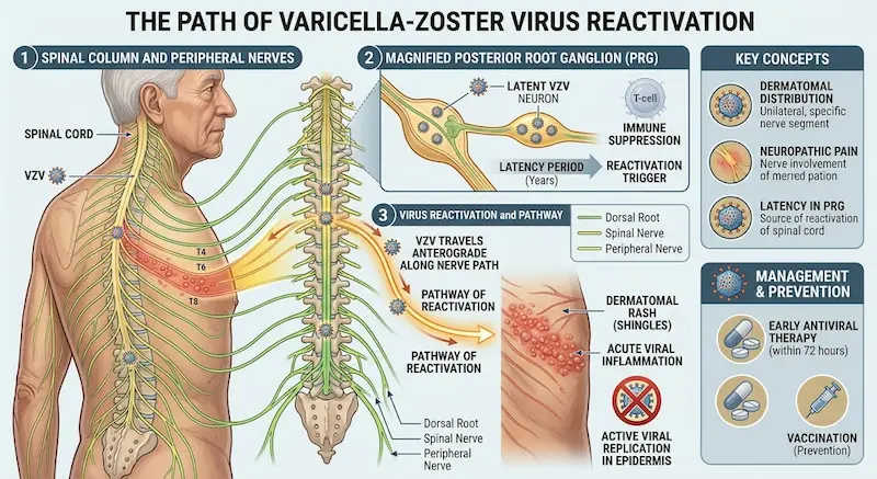 shingles virus nerve pathway reactivation diagram